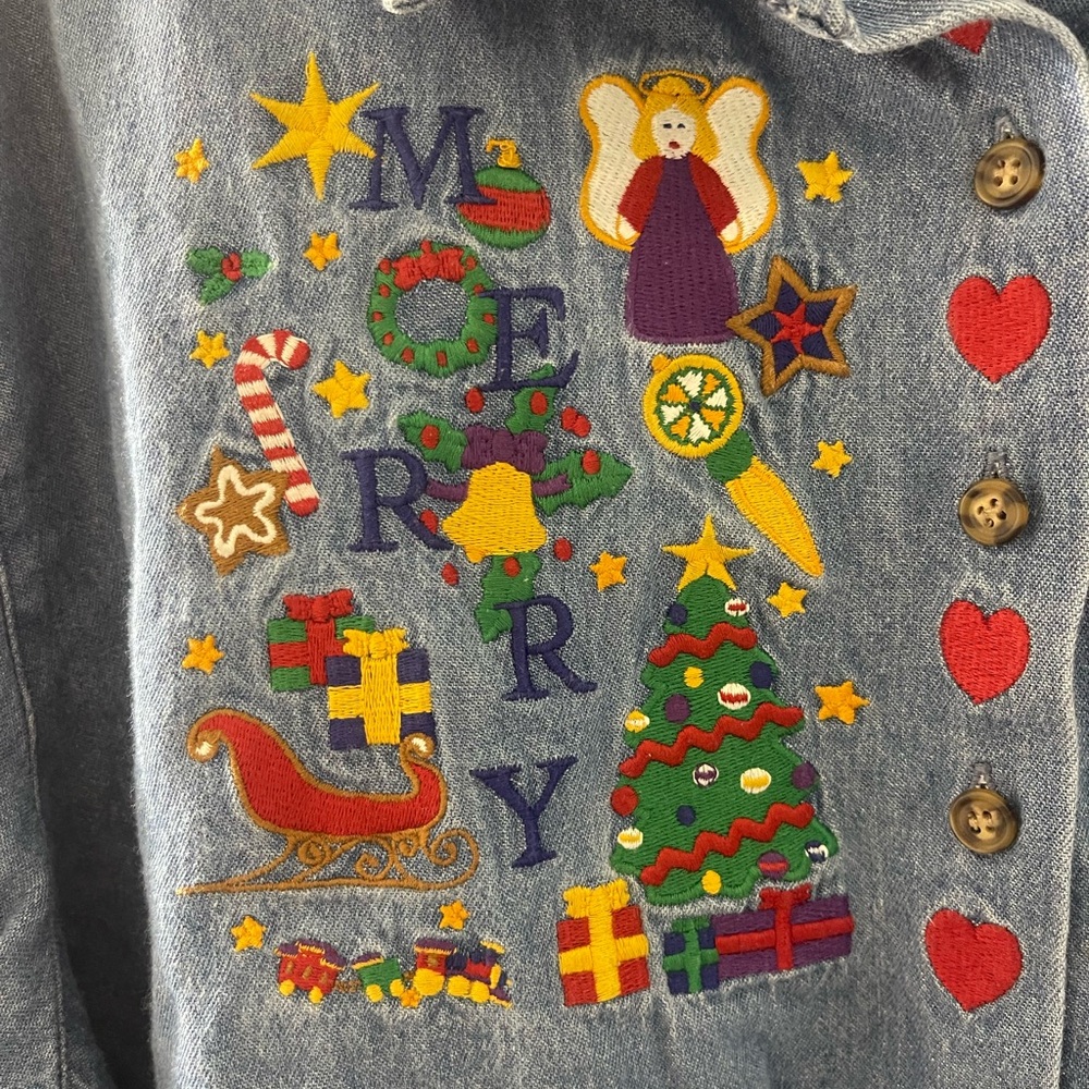 VTG Karen Scott 100% Cotton Denim Blue Christmas Festive Embroidered Shirt XL - Picture 5 of 8